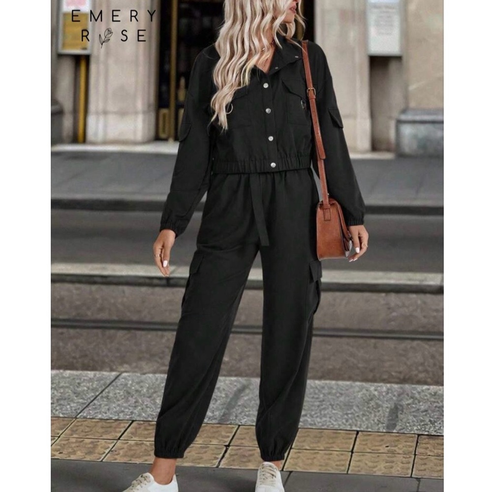 2pcs Women’s Solid Color Casual Long Sleeve Single-Breasted Jacket And Pant Set - Picture 4 of 4